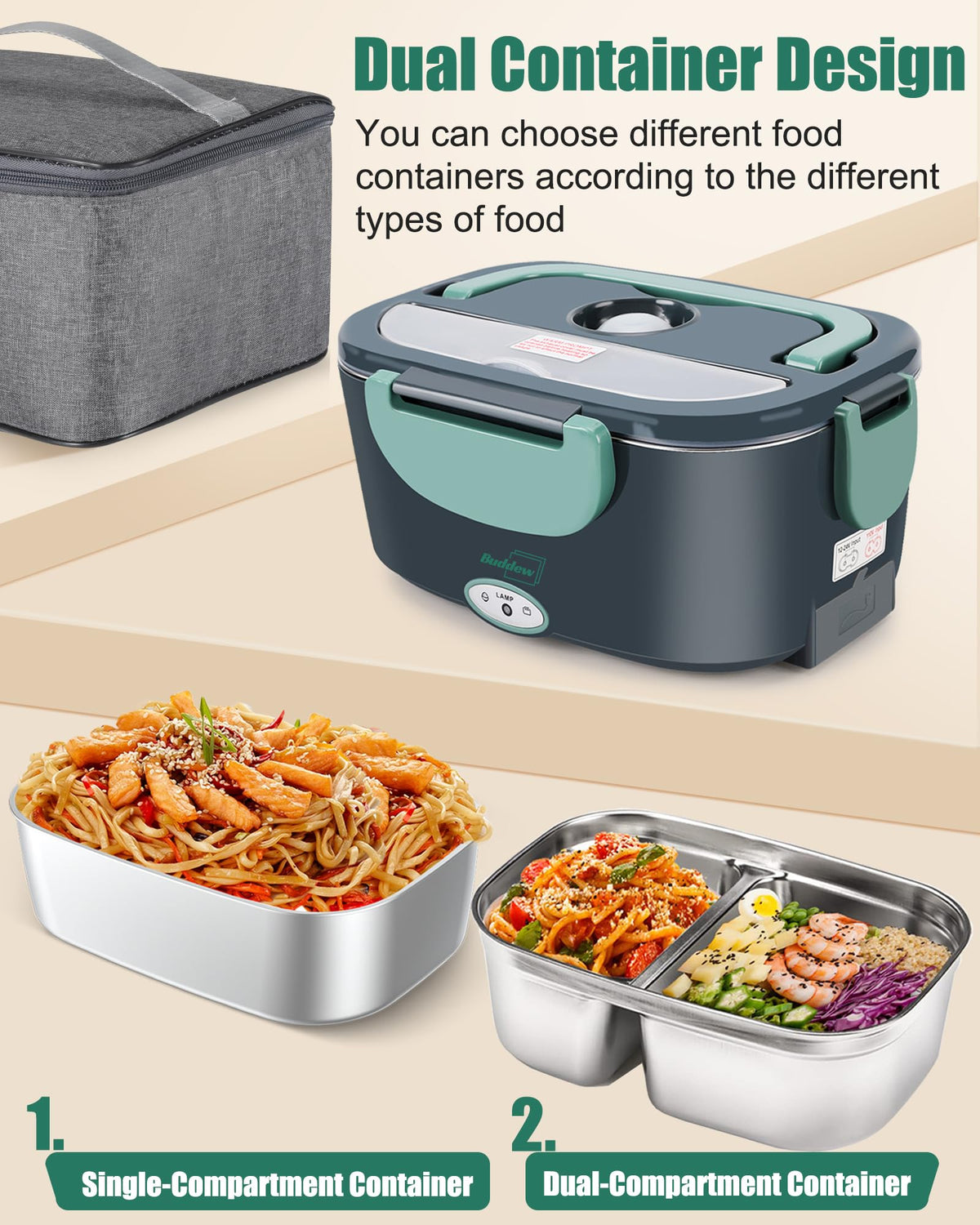 Buddew lunch box accessories included: spoon, fork, and fruit box.