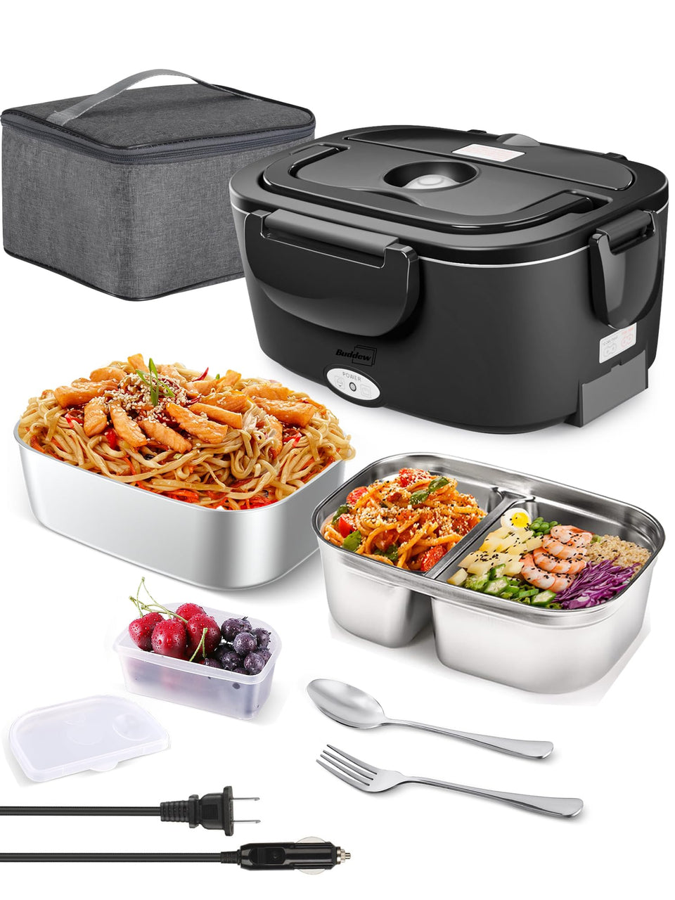 Buddew electric lunch box main view showing portable warm meals.