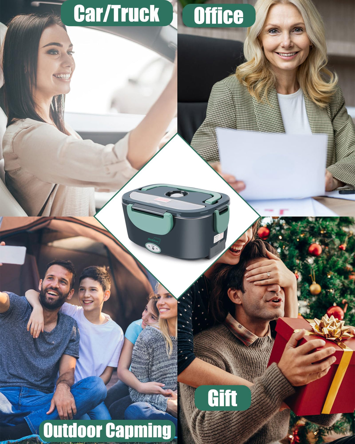 Buddew car plug setup enables warm meals during travel.
