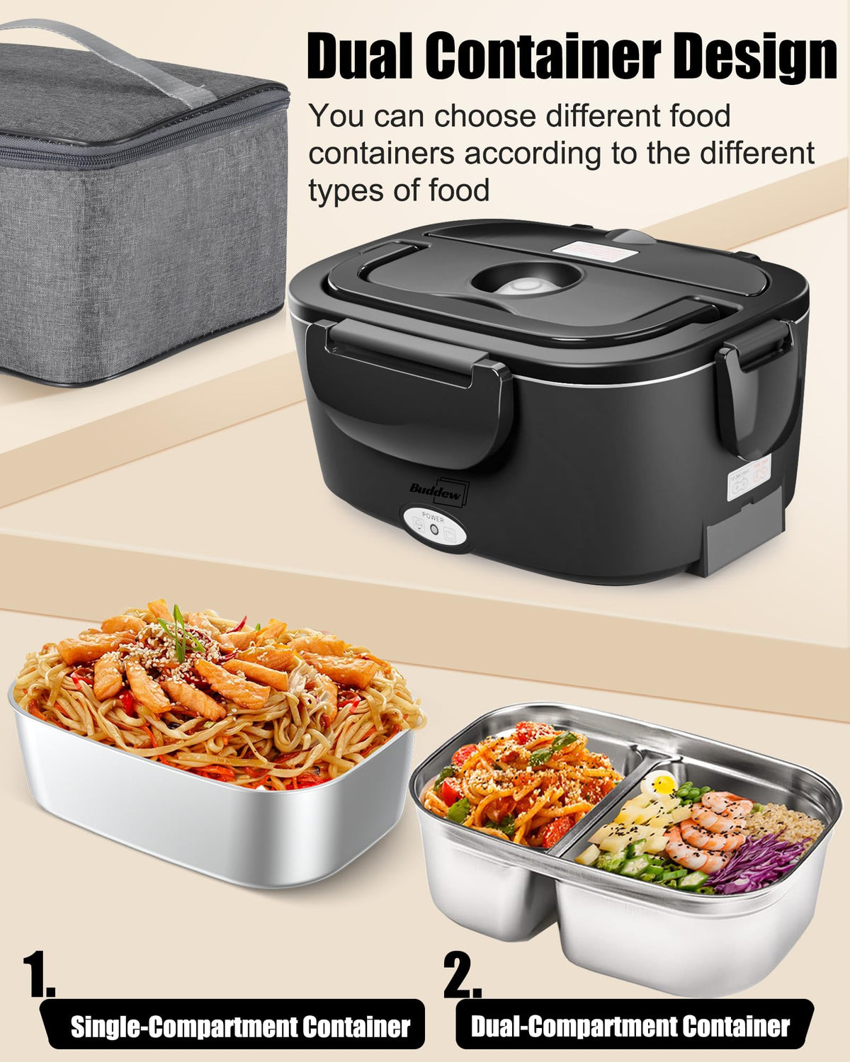 Buddew lunch box with dual 1.5L containers for flexible portions.