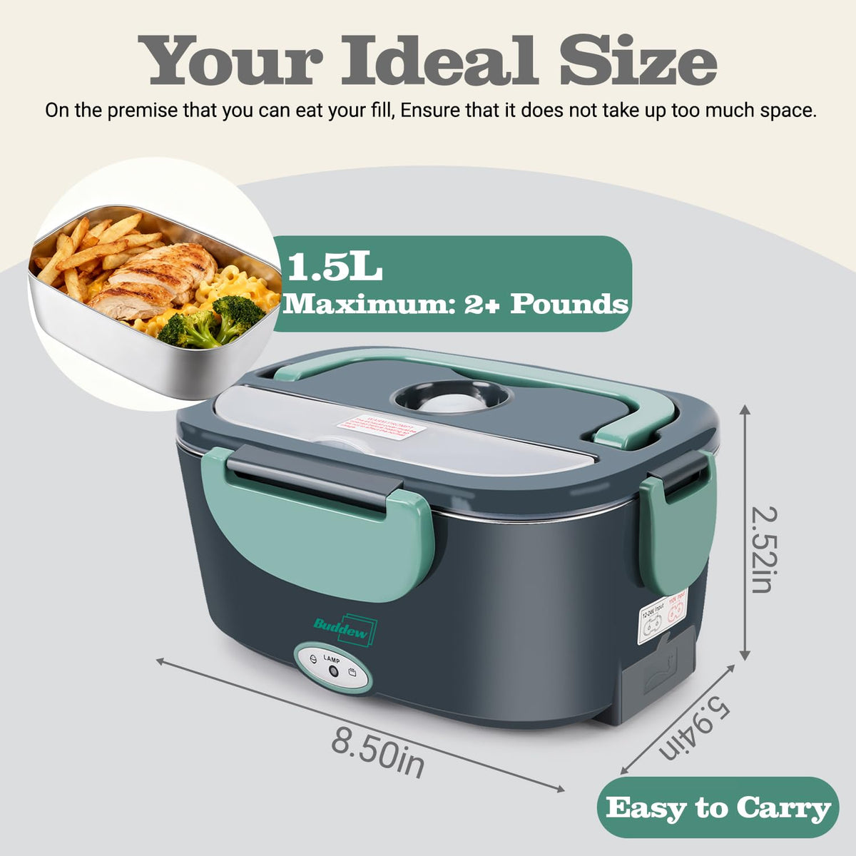 Buddew lunch box uses PTC heating technology for consistent warming.
