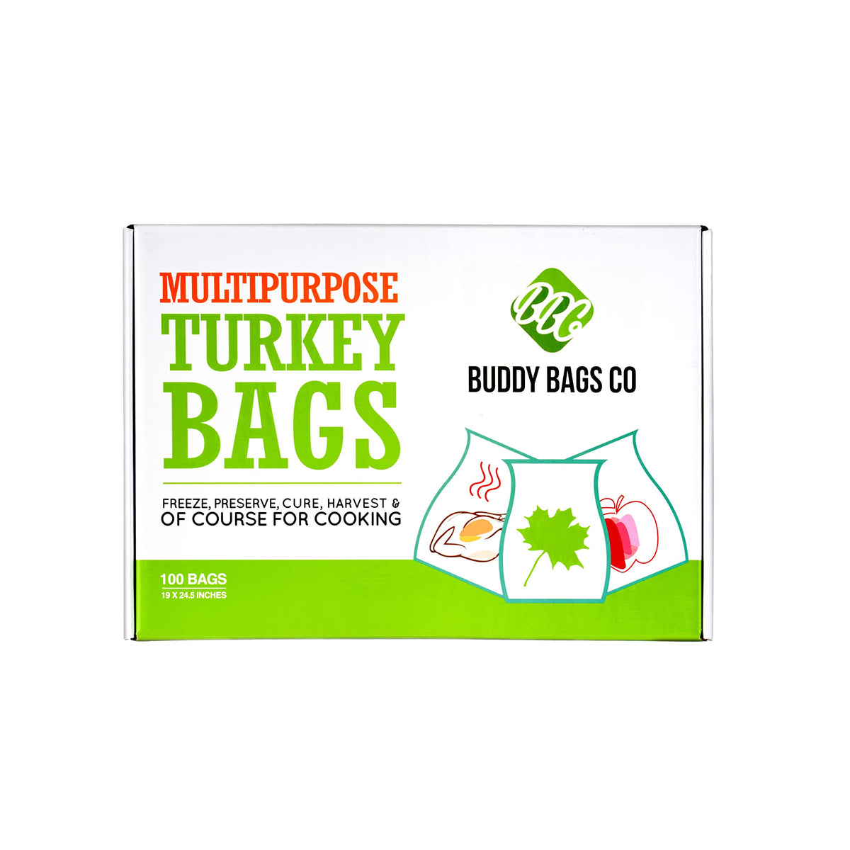 Buddy Bags Co packaging shows heavy-duty turkey oven bags.