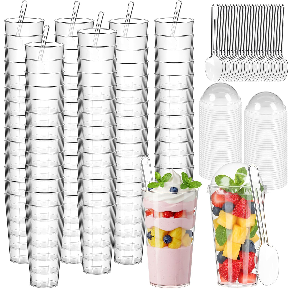 Budiwati 3oz dessert cups with lids showing layered desserts for tastings