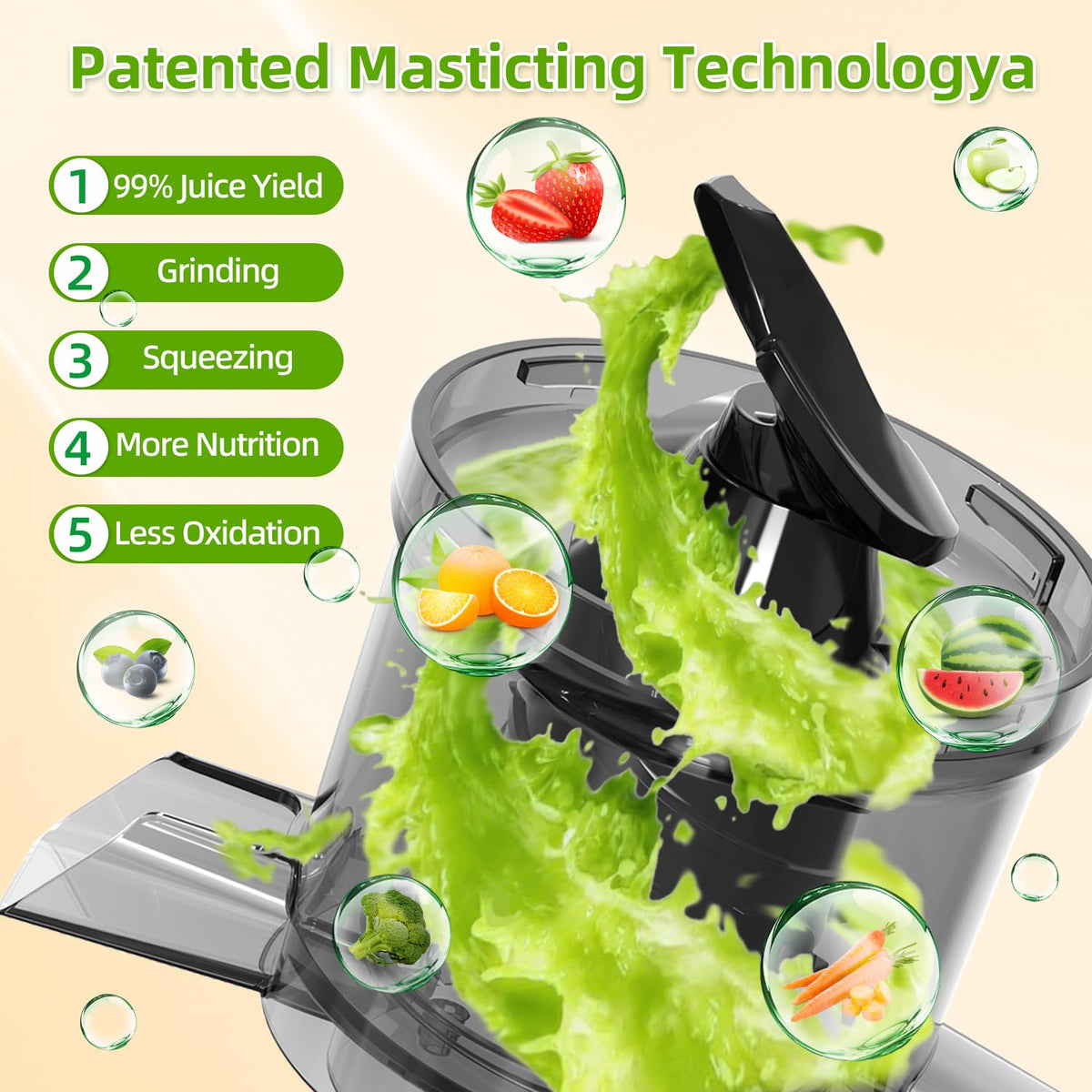Budsom dual-strainer system yields smooth, pulp-free juice