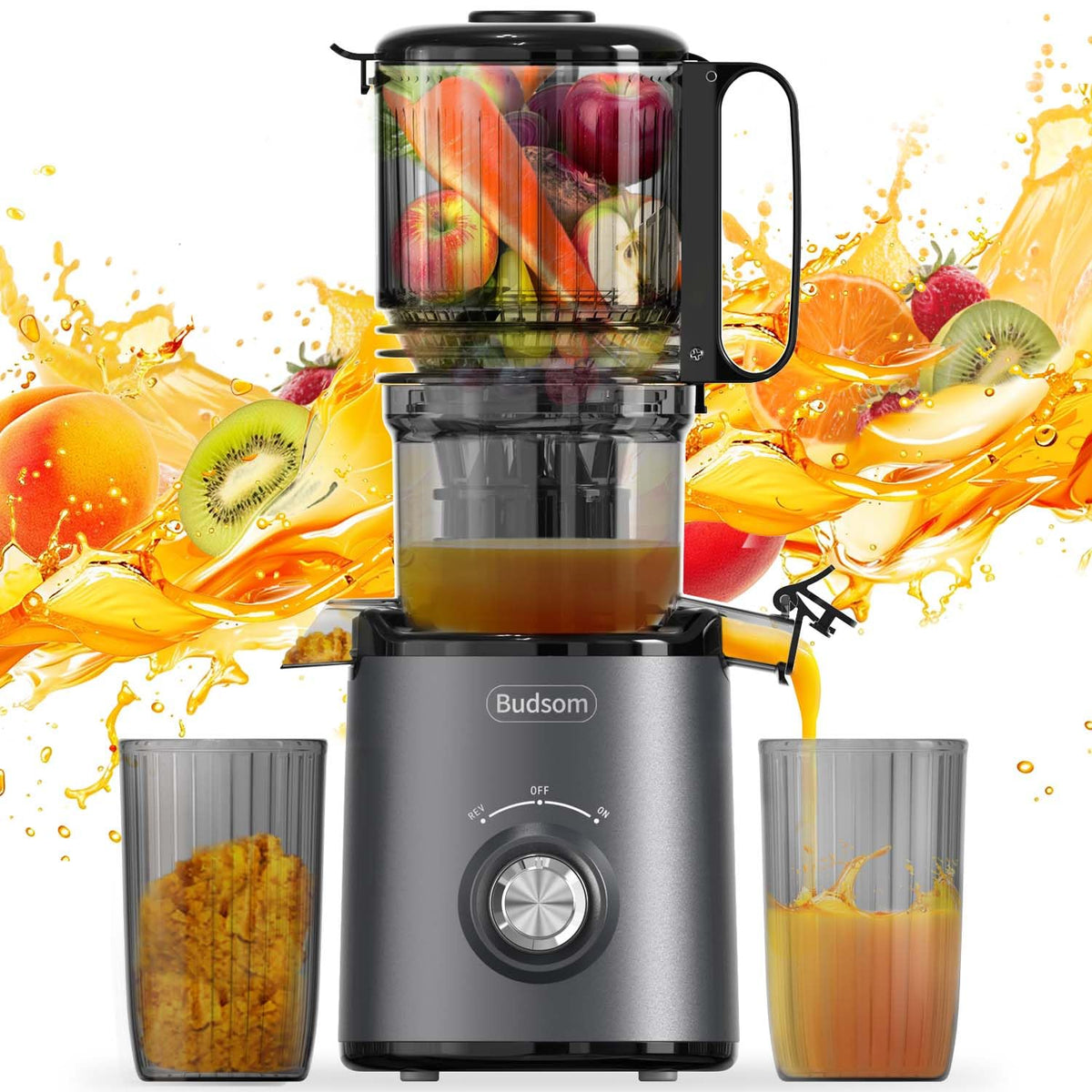 Budsom wide-feed-chute juicer enables whole-fruit juicing and quicker prep