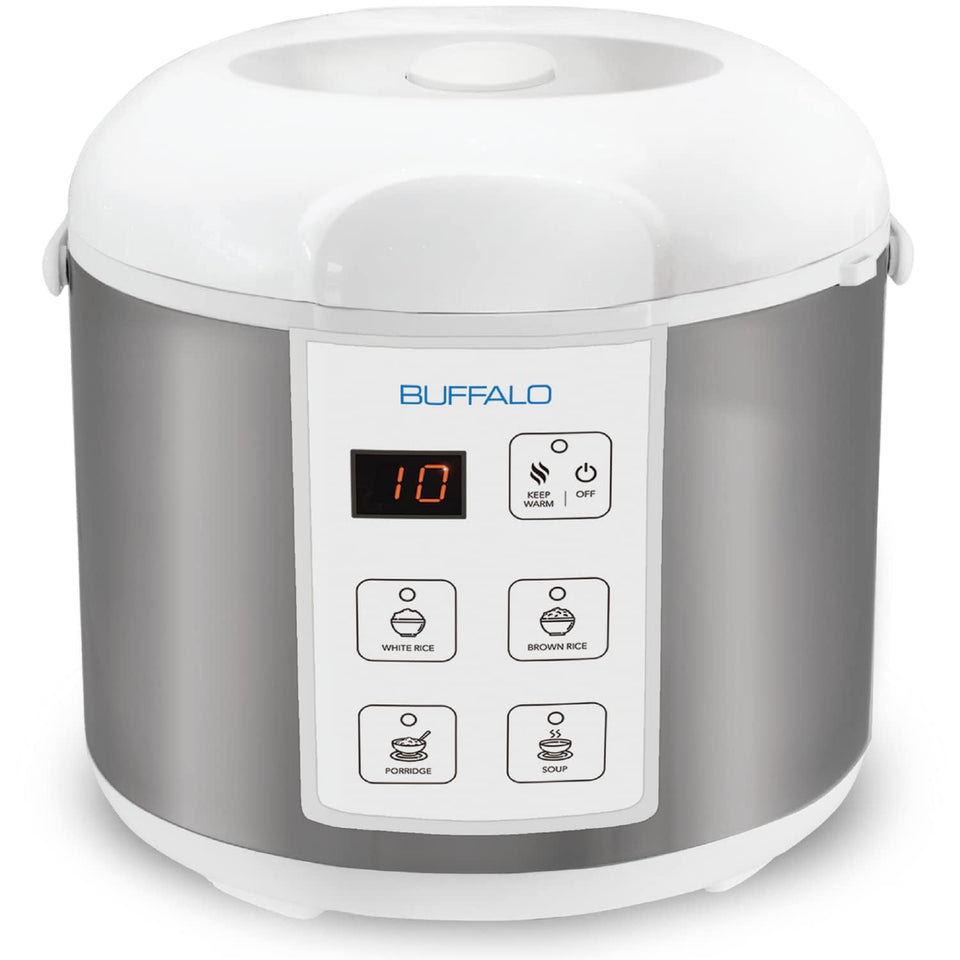 BUFFALO Classic rice cooker with clad inner pot heats evenly for fluffy rice.