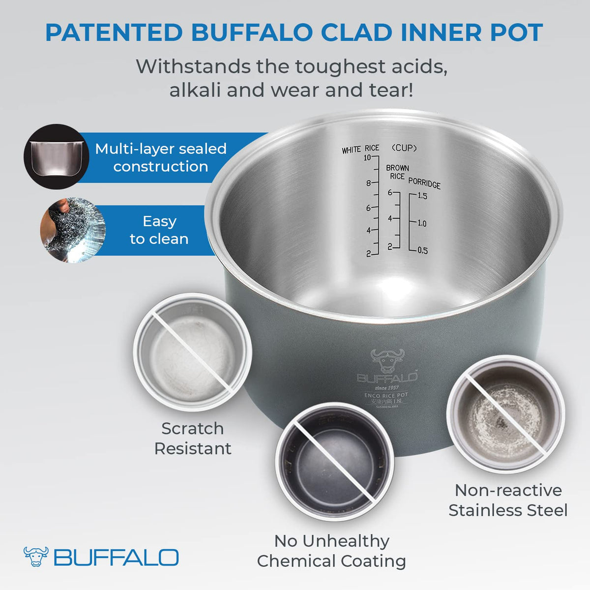 BUFFALO rice cooker includes measuring cup and rice paddle for precise prep.
