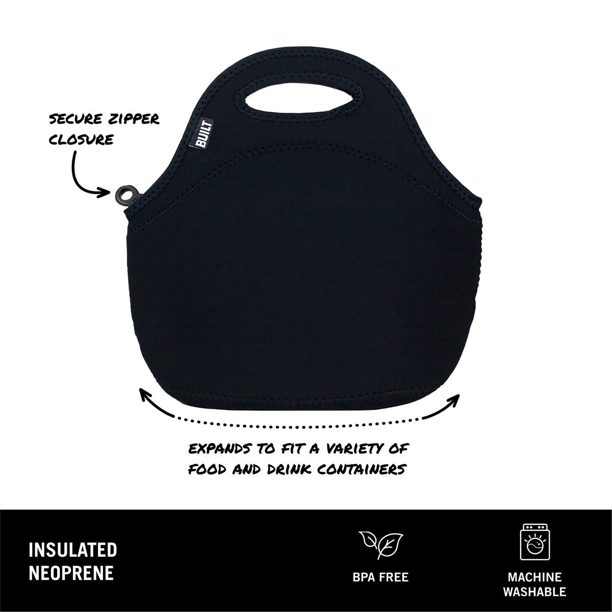BUILT Gourmet Getaway lunch tote with zip closure securing contents during travel