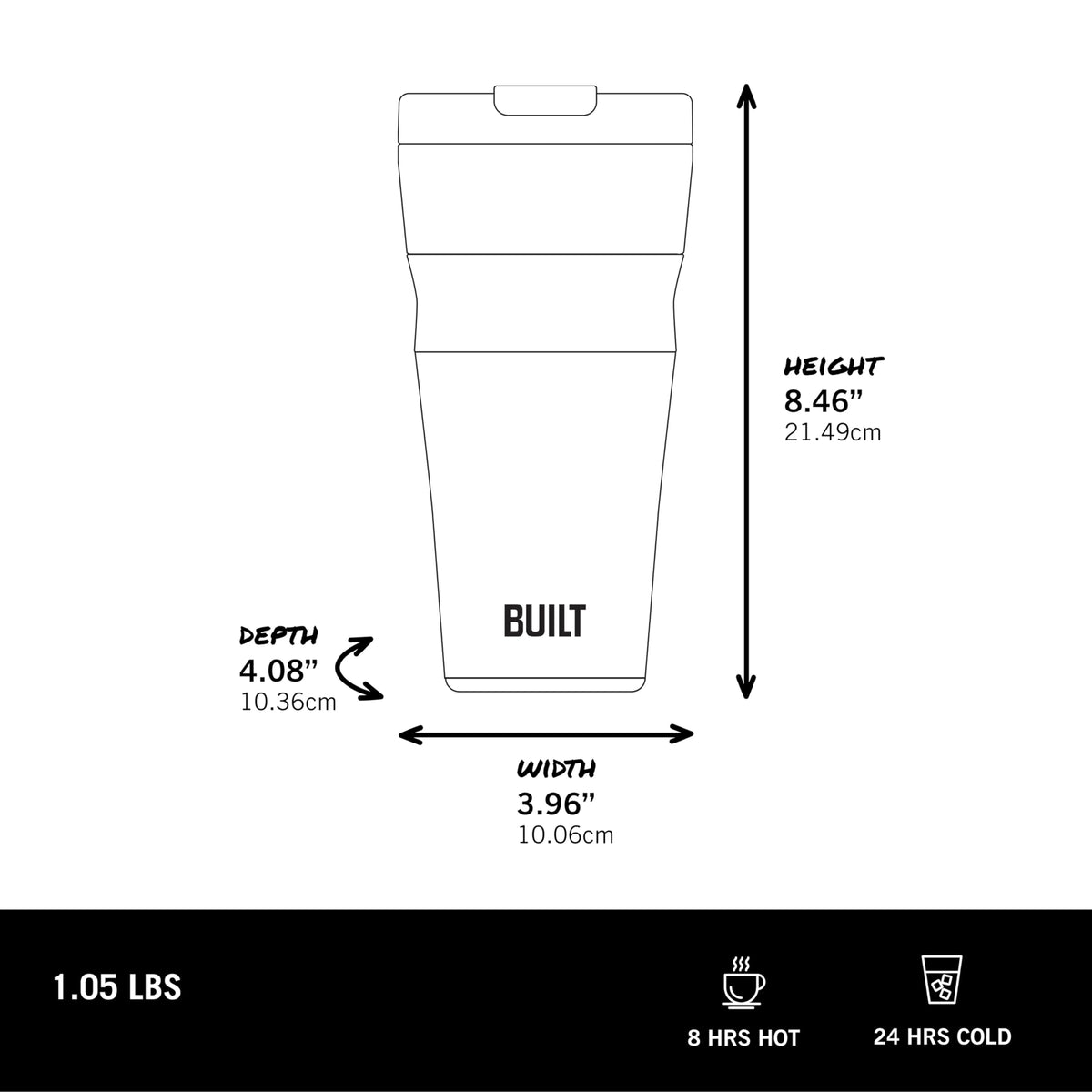 Built Shasta tumbler double-wall insulation keeps drinks cold longer.