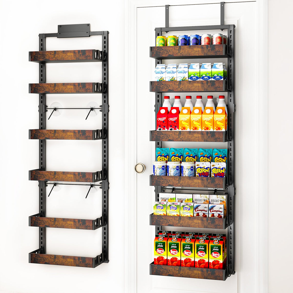 BUKFEN 6-tier over-the-door organizer installed, decluttering your kitchen cabinet space.
