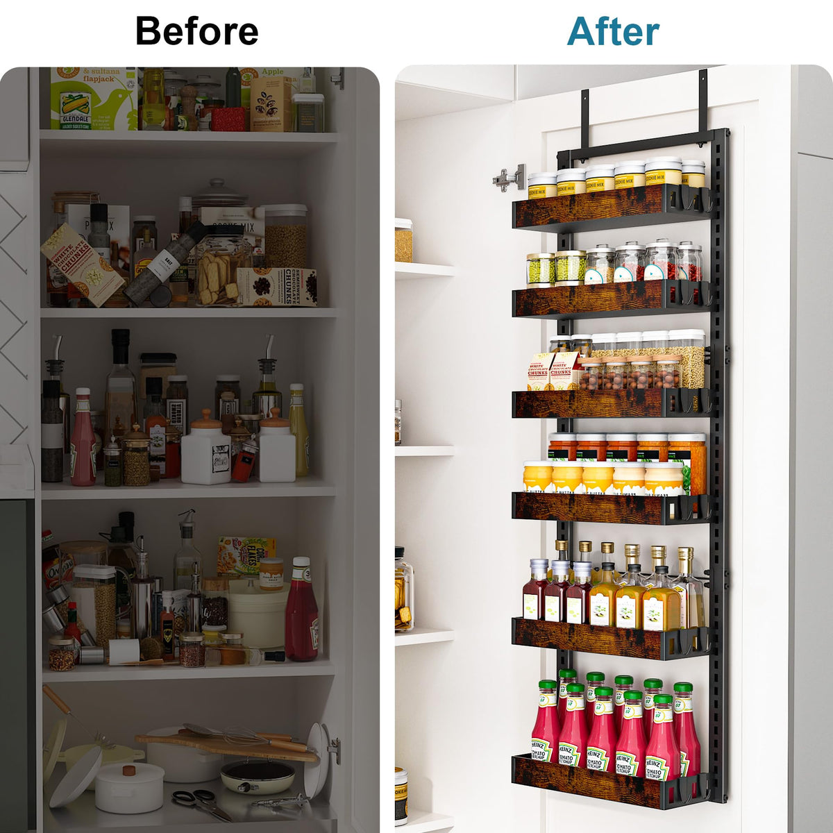 BUKFEN adjustable wooden baskets highlight customizable height for cans and spices.