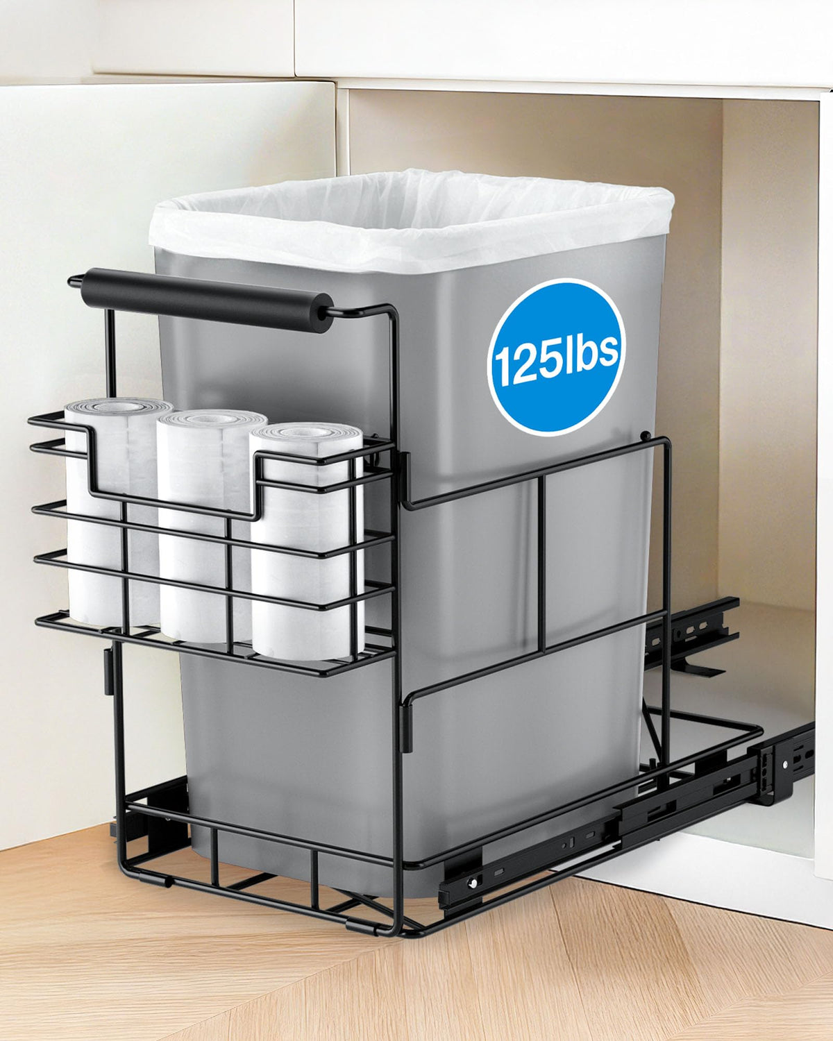 Bulado pull-out trash can front view for quick liner changes and tidy counters