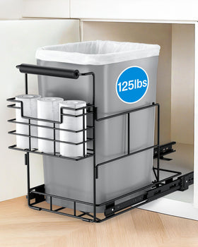Bulado pull-out trash can front view for quick liner changes and tidy counters