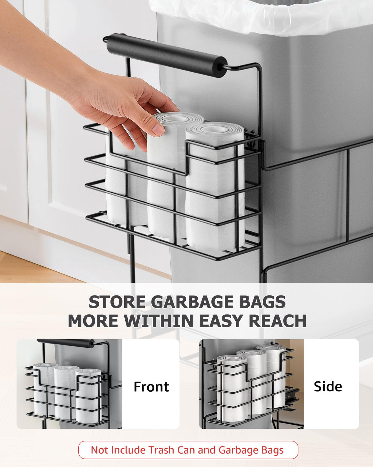 Bulado pull-out trash can side view highlights space-saving cabinet integration