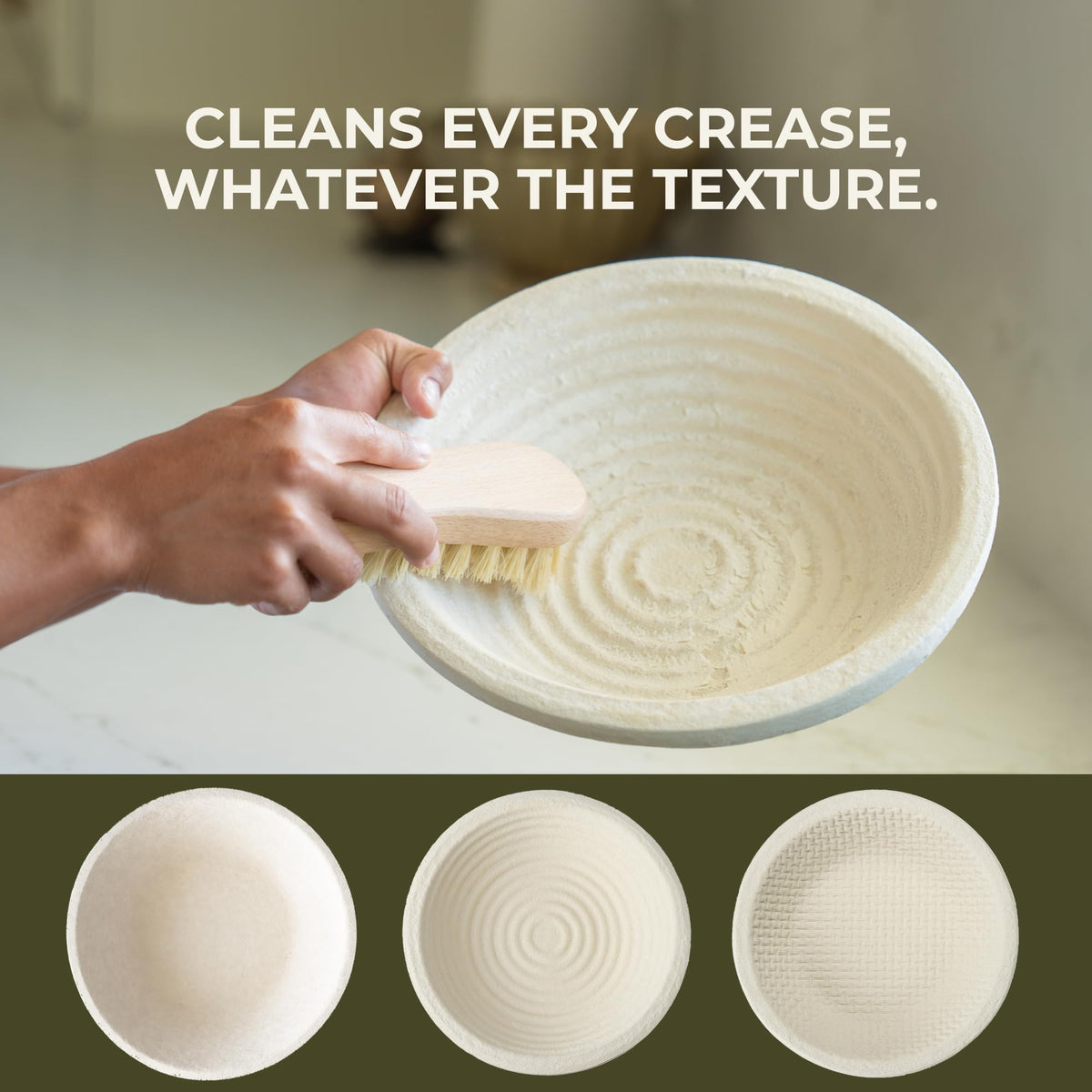 Bulka banneton ergonomic handle in use for comfortable cleanup.