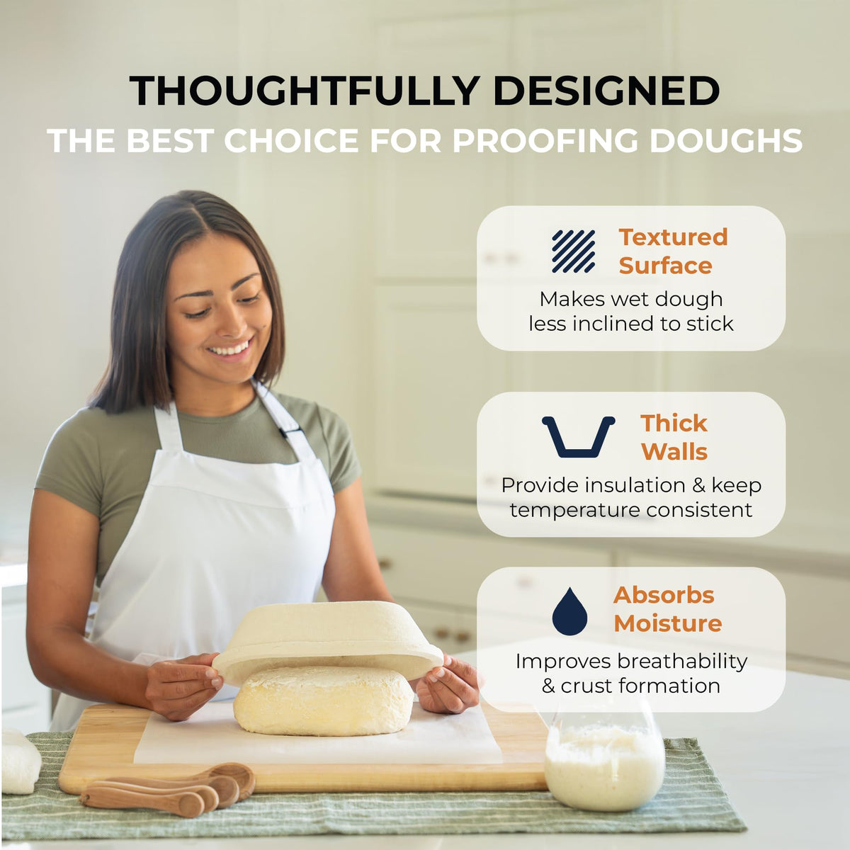 Bulka thick-walled banneton provides insulation for consistent fermentation.