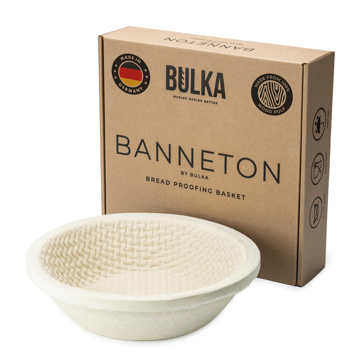 Bulka large-round banneton 9in proofing basket ready for dough rise and reliable loaf shaping.