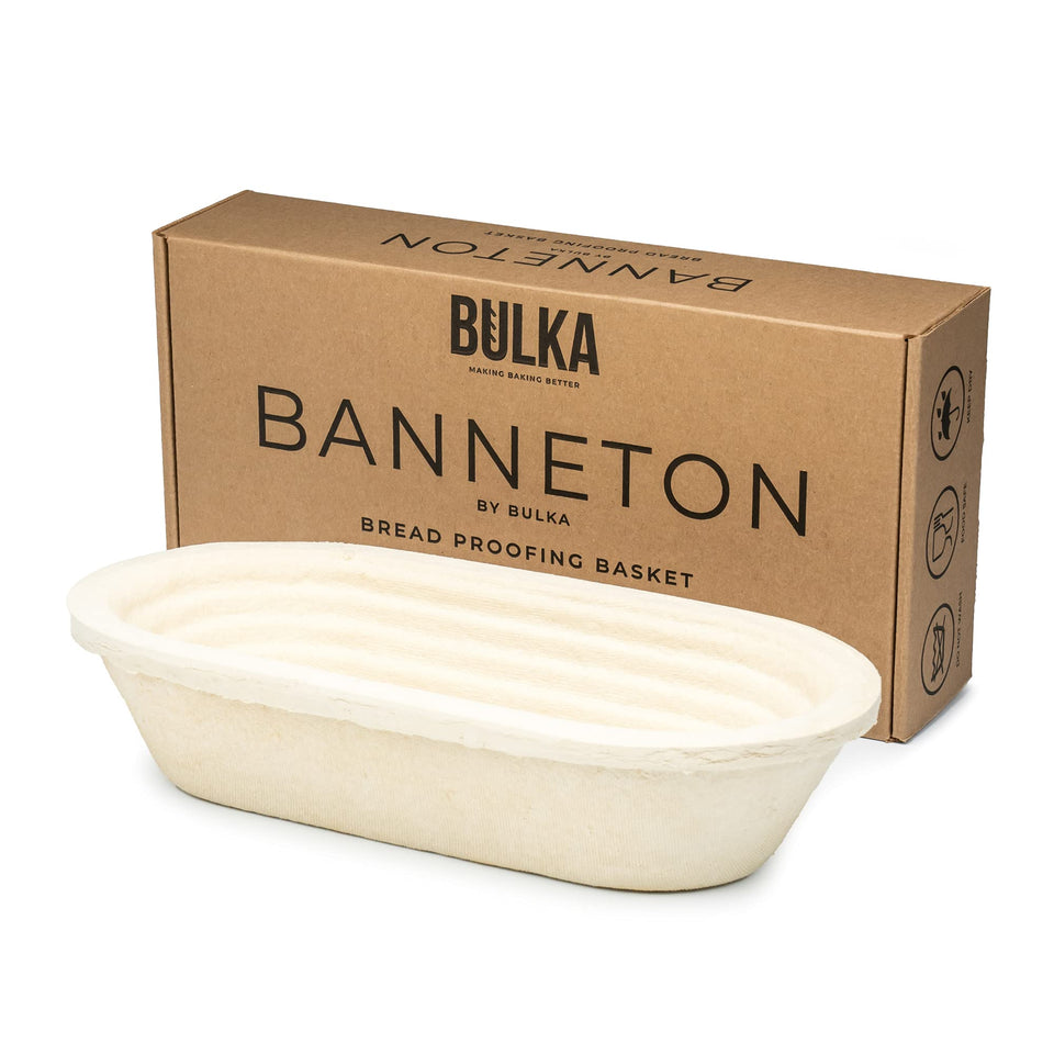 Bulka oval banneton 750g wood-pulp view highlights sturdy shape for consistent sourdough proofing.
