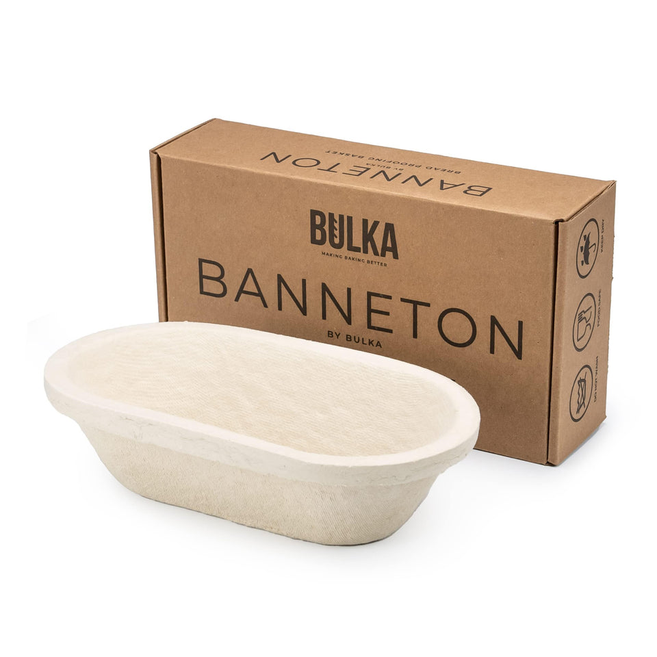 Bulka Small Oval Banneton shaping 500g dough for artisan loaves, promoting even proofing.