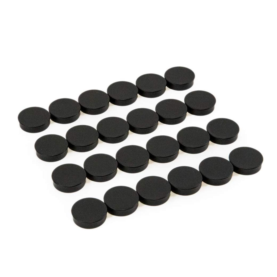 Bullseye Office 24 round black magnets hold up to 11 sheets on metal surfaces.