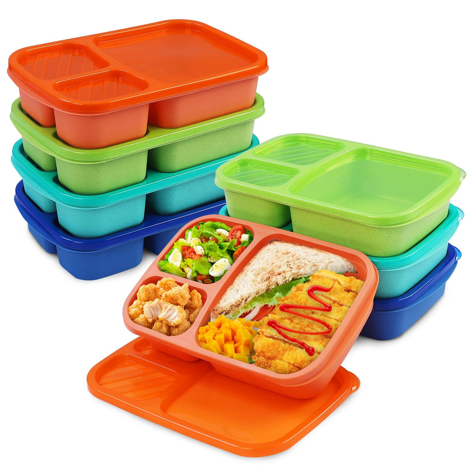 Buluker 8-pack Bento lunch box set with 3 compartments for organized meal prep.