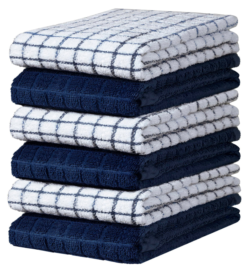 Bumble Towels navy kitchen towel folded for quick spill cleanup.