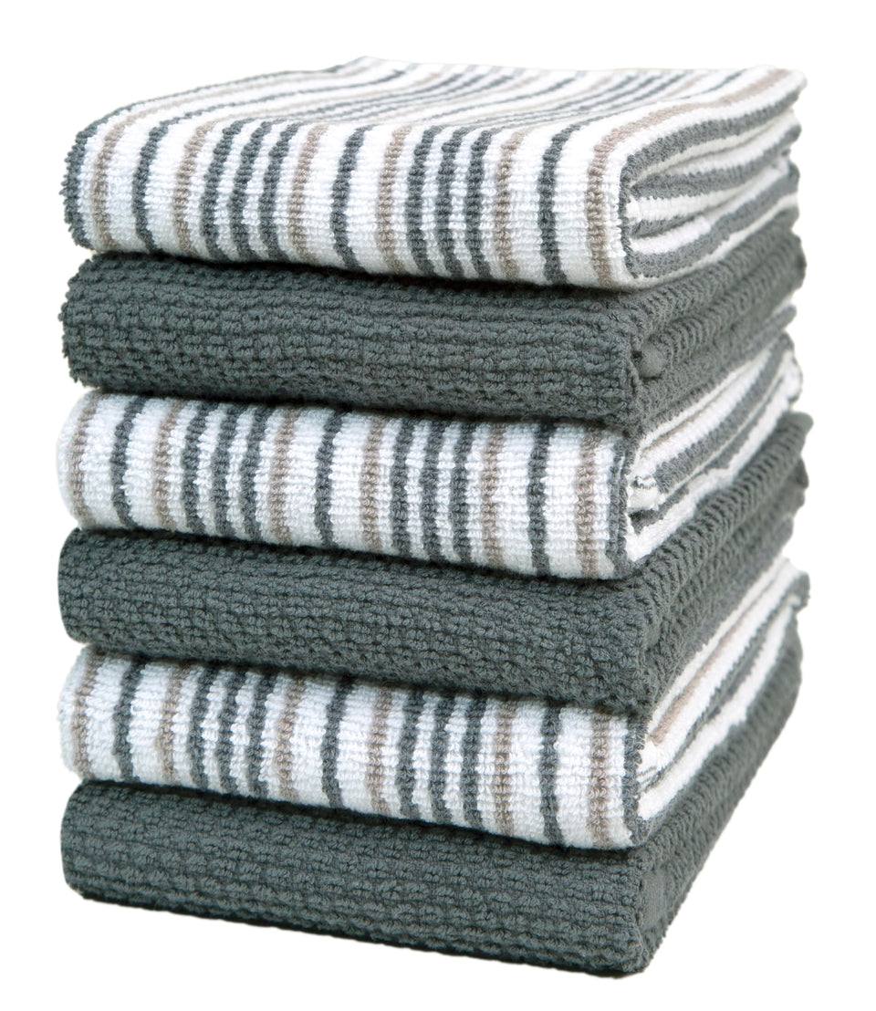 Bumble Towels kitchen towel, popcorn stripe absorbs spills efficiently.