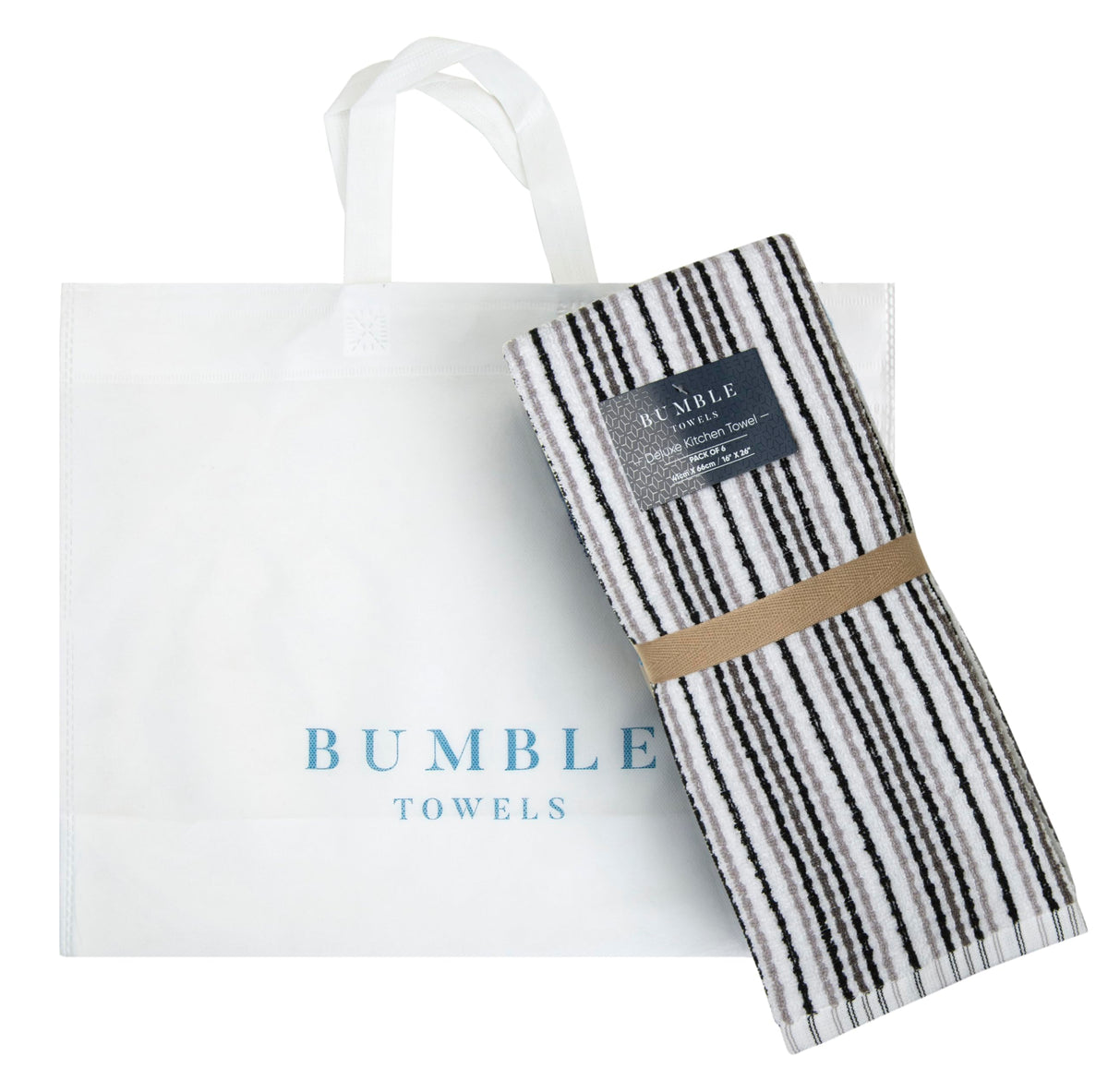 Bumble Towels popcorn stripe towels care instructions card close-up and care tips.