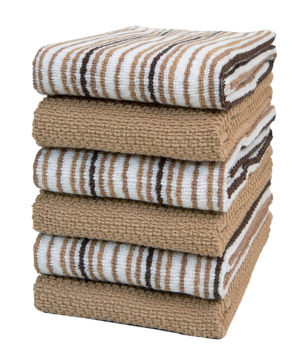 Bumble Towels popcorn stripe kitchen towel 16x26 in tan, ideal for quick spill cleanups.