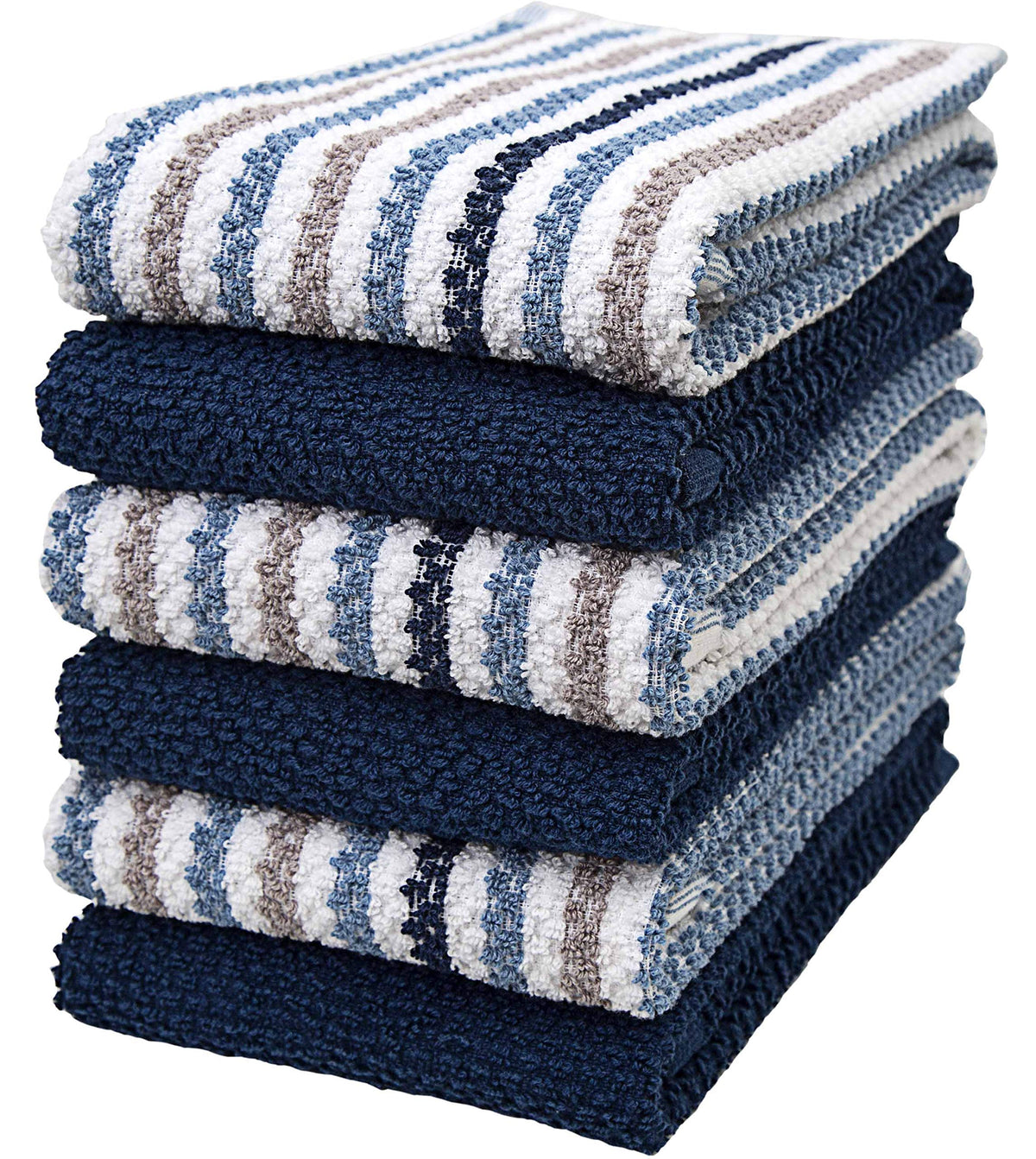 Bumble Towels premium kitchen towels with popcorn stripes in blue, 16x26, 6-pack for spills.