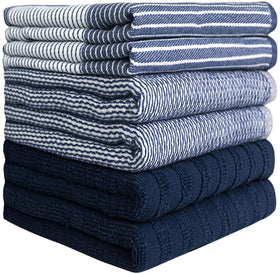 Bumble Towels terry navy towel absorbs spills efficiently during cooking.