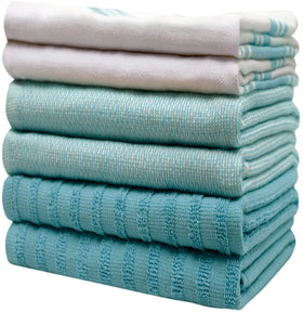 Bumble Towels Wide Stripe Aqua design adds color and style to the kitchen.