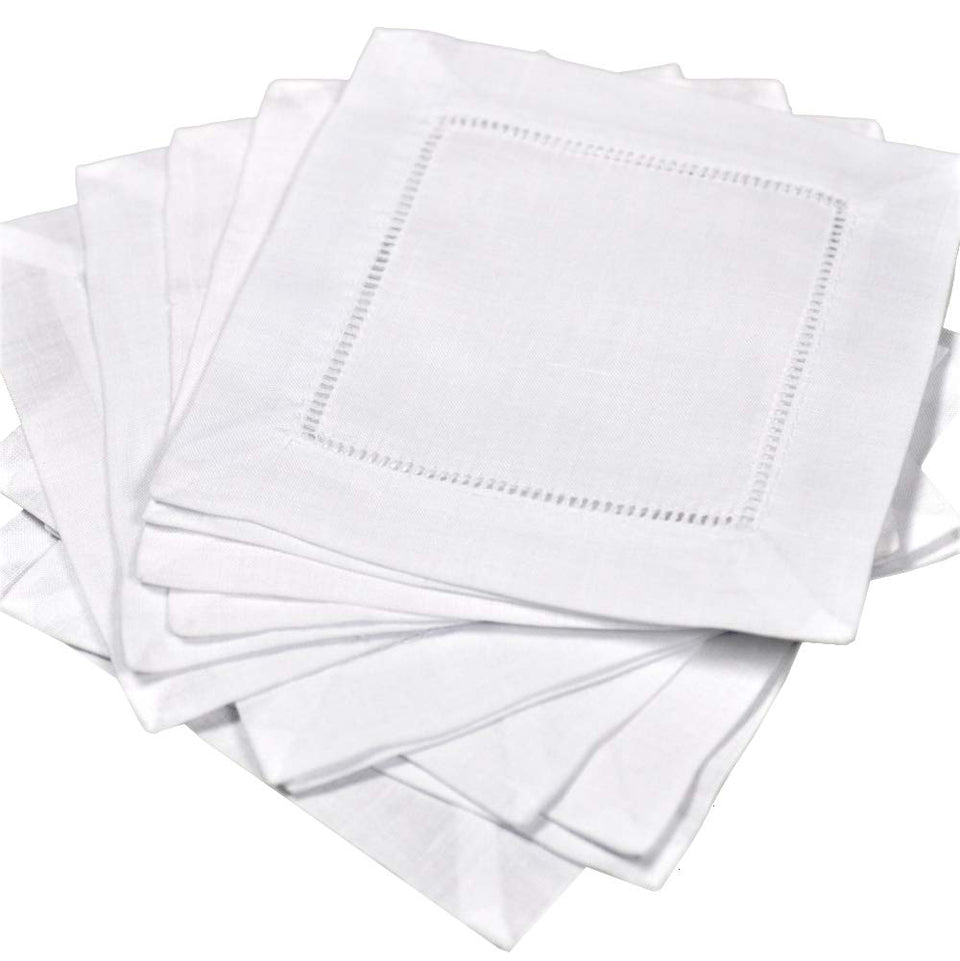 Bumblebee Linens CNLWH-001 white linen hemstitched cocktail napkins, elegant 6x6 inch for formal gatherings