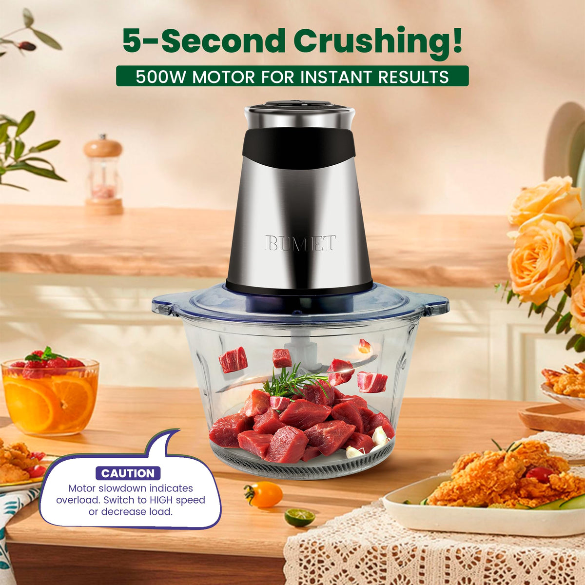 BUMET 8-cup stainless-steel bowl supports versatile chopping and pureeing.