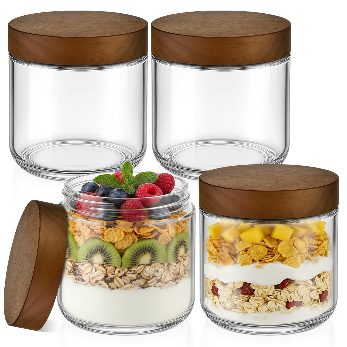 Bumobum 10 oz glass jar with acacia lid on pantry shelf for dry ingredients.