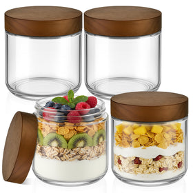 Bumobum 10 oz glass jar with acacia lid on pantry shelf for dry ingredients.