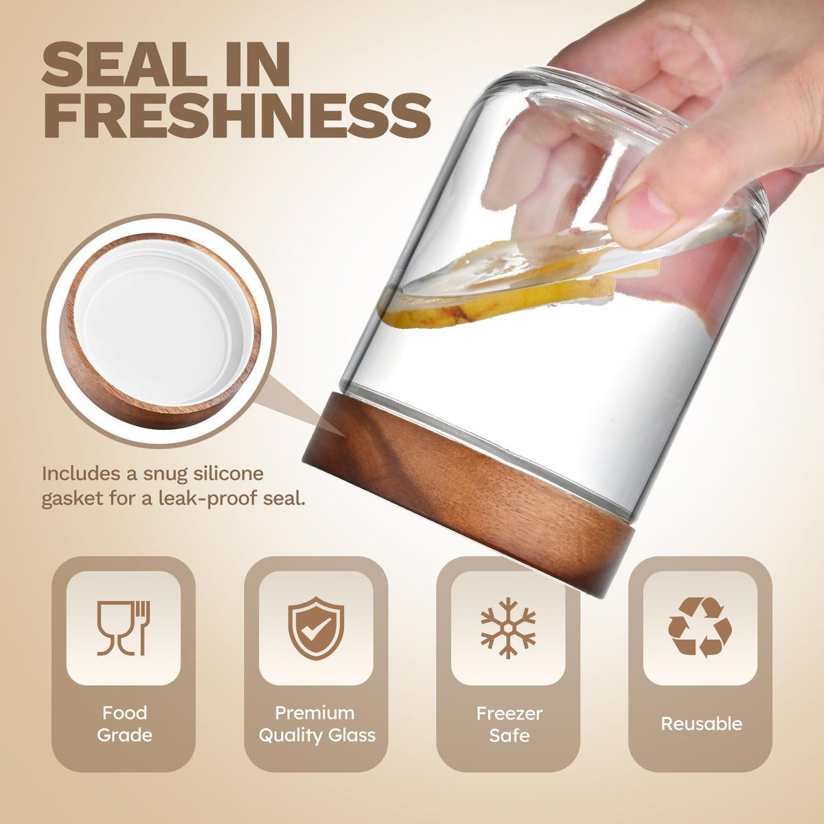 Bumobum acacia wood lid airtight seal preserves freshness and adds natural elegance.