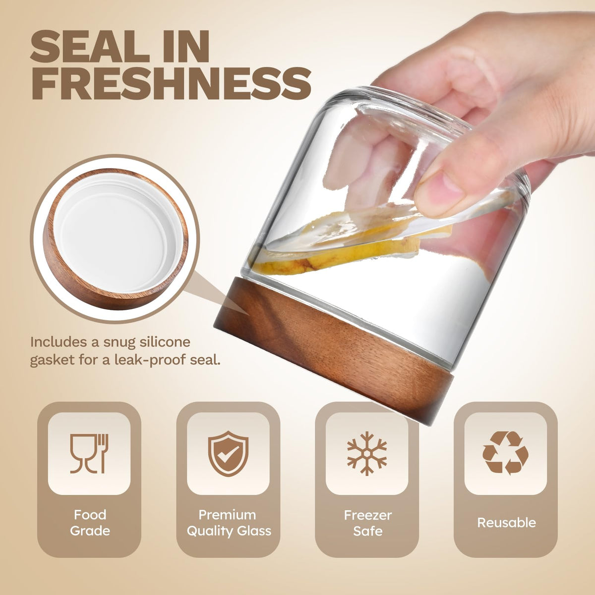 Bumobum acacia wood lid close-up showing natural grain and durable seal.