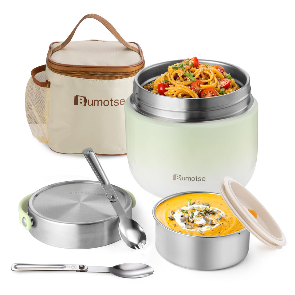 Bumotse 40oz insulated food jar with two compartments keeps meals organized and hot.