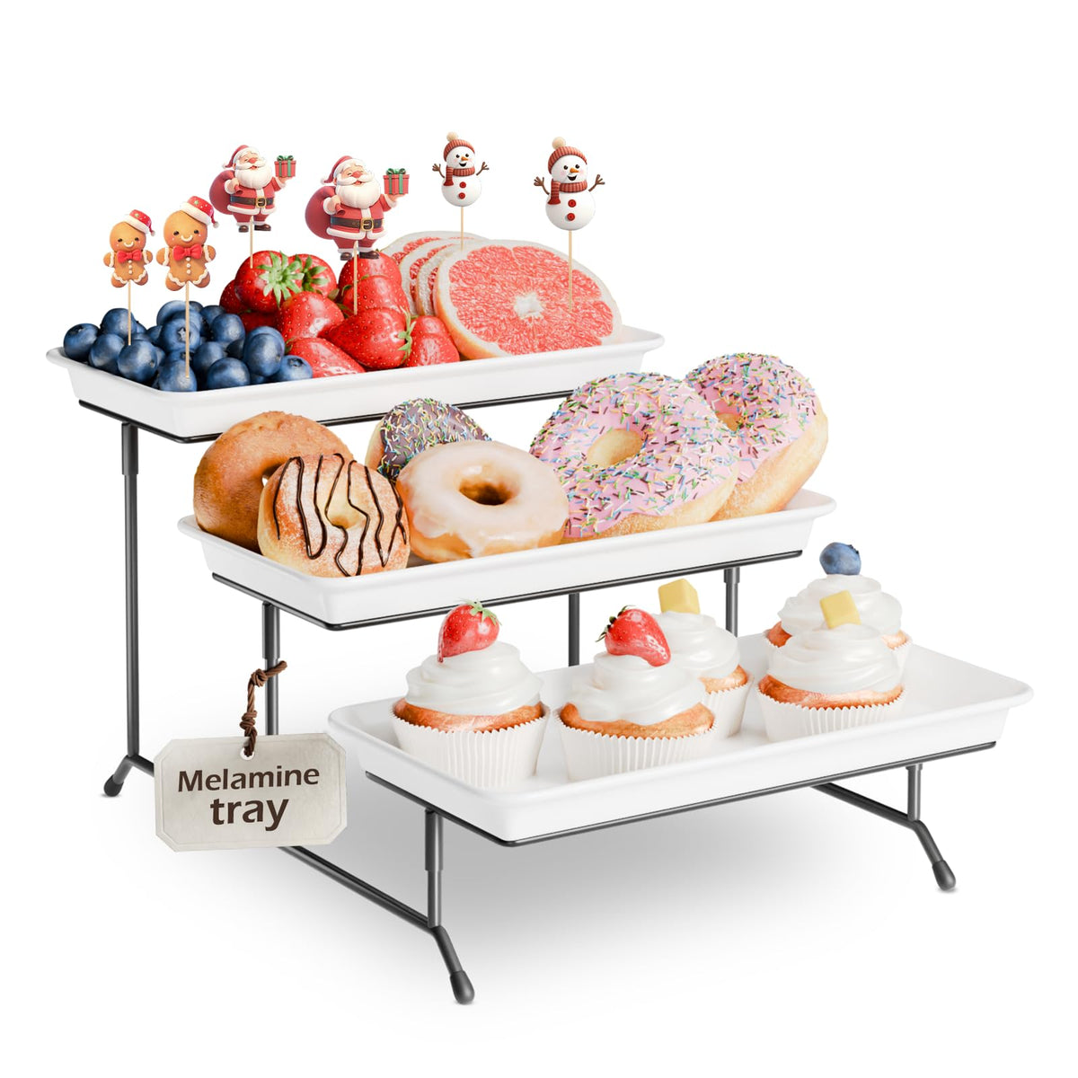 Bumusty 3-tier melamine serving tray with black stand for elegant party platters
