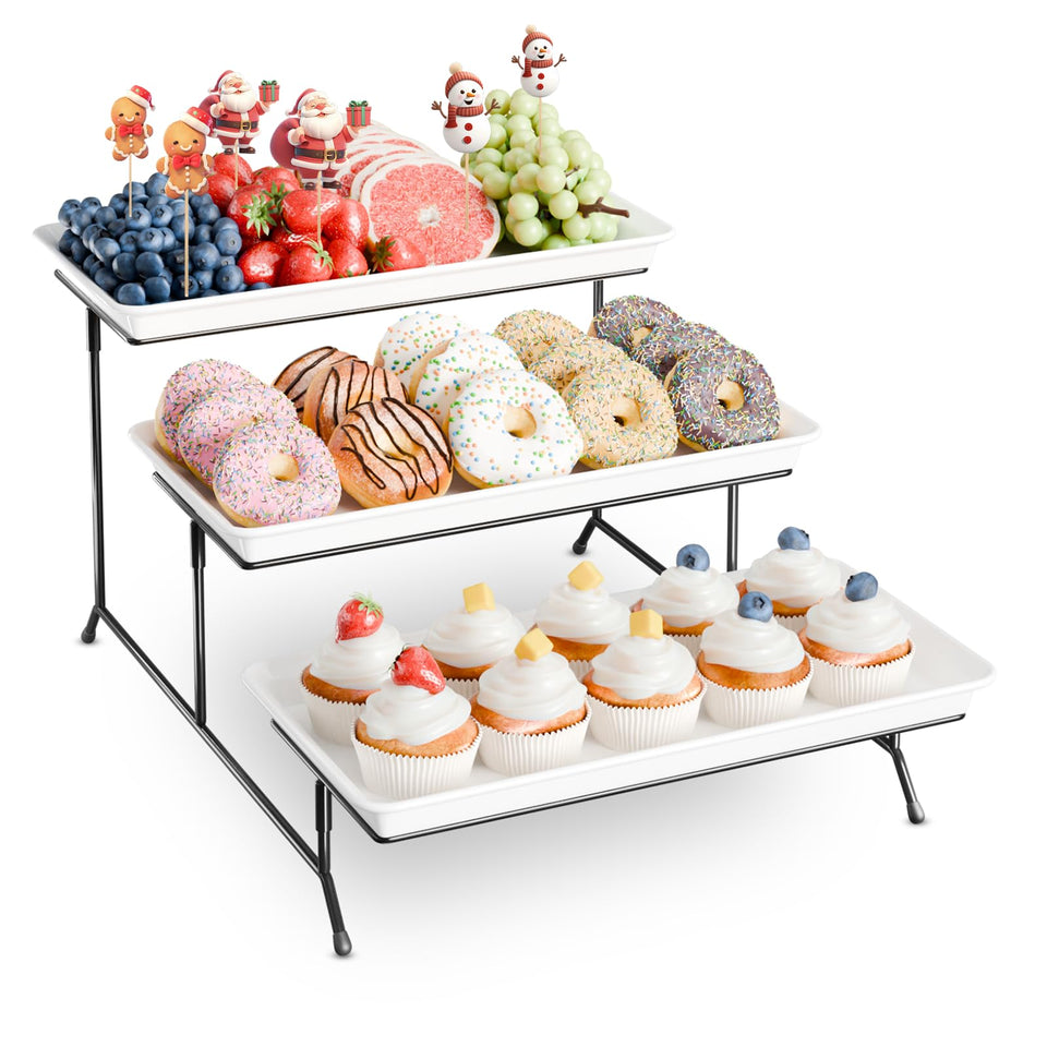 Bumusty 3-tier melamine tray stand for elegant cake and appetizer display.
