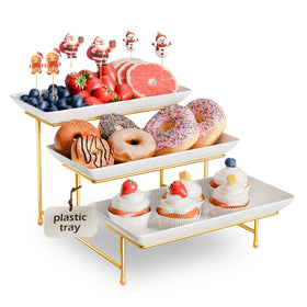 Bumusty 3-tier melamine tray set, front view, sturdy display for desserts and fruit.
