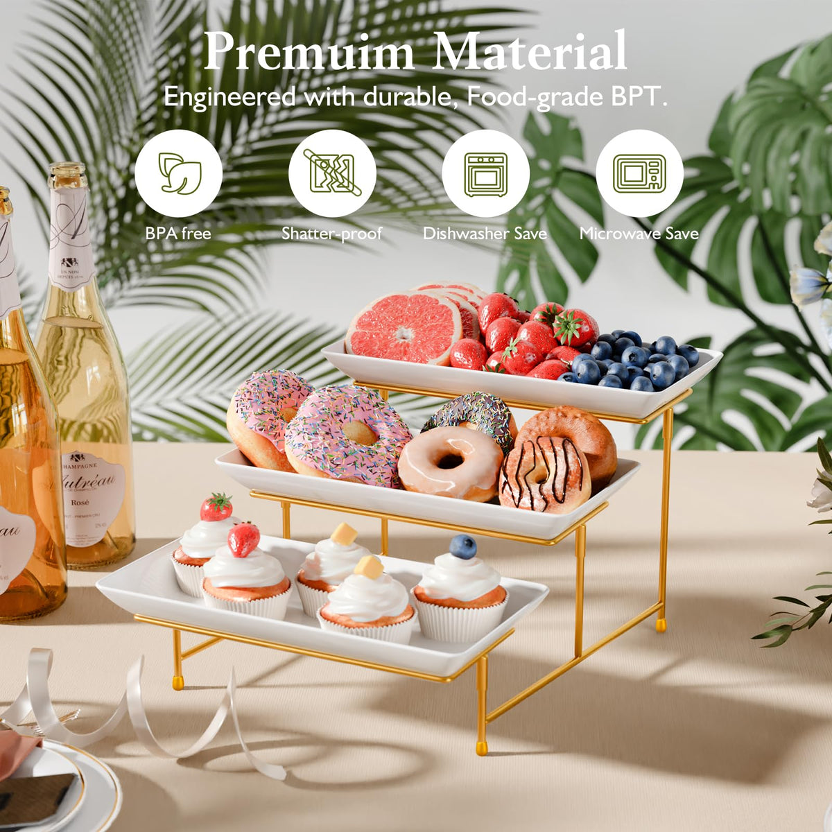 Bumusty 3-tier melamine tray set, side view, stable display for party treats.