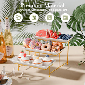 Bumusty 3-tier melamine tray set, side view, stable display for party treats.