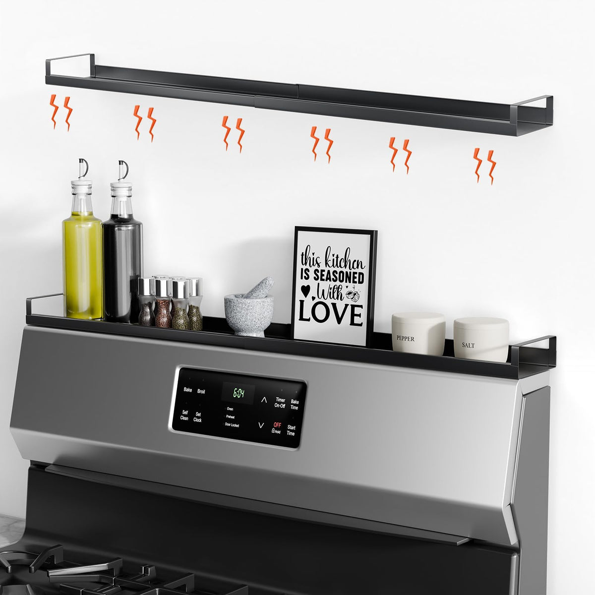 Bumusty 4X strong magnetic oven shelf above the stove keeps spices within reach