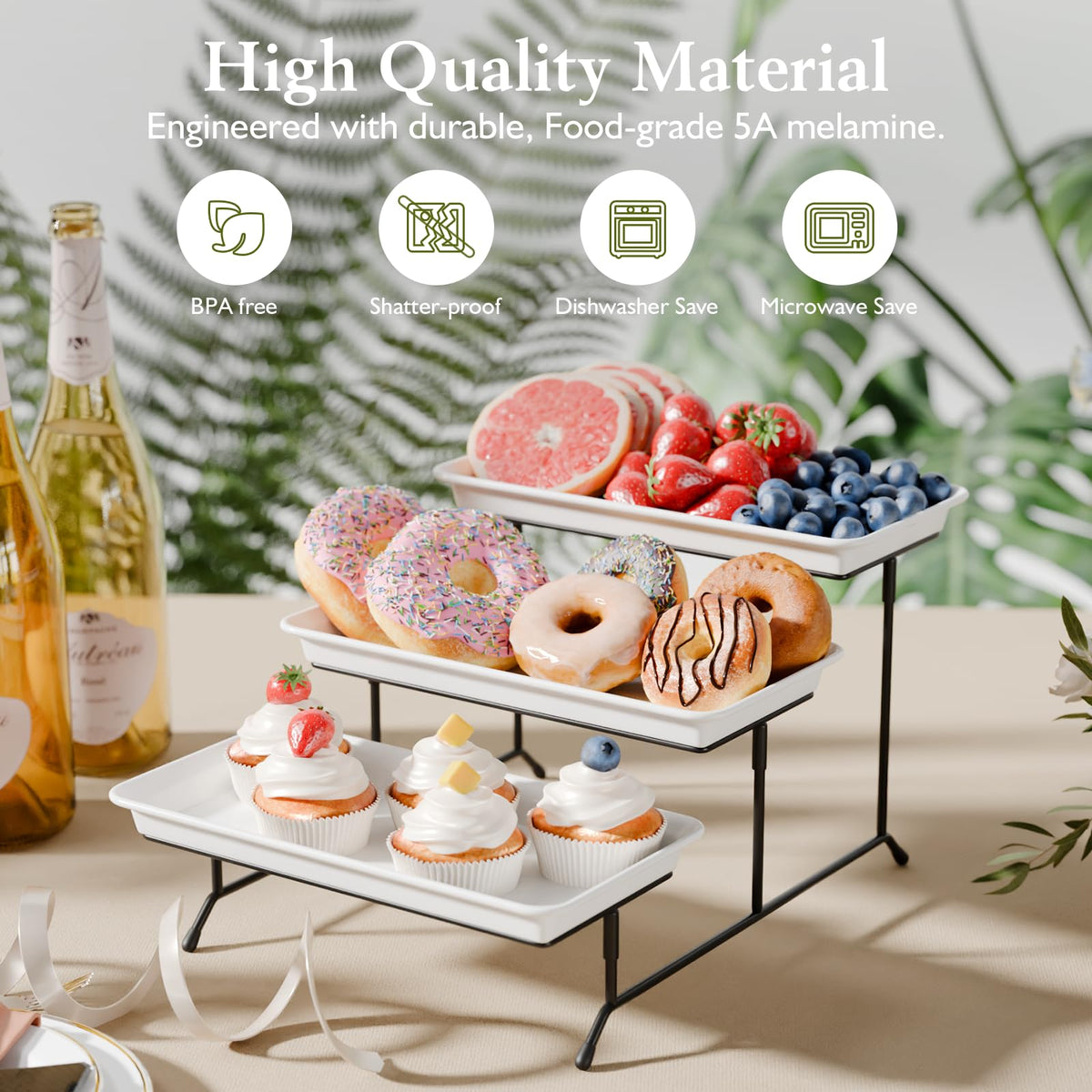 Bumusty black metal display stand supporting a sturdy multi-tier setup