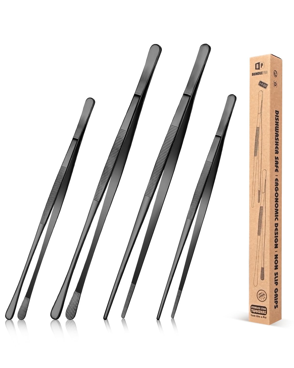 Bundlepro 4-pcs tweezers set in black for precise plating and delicate handling.