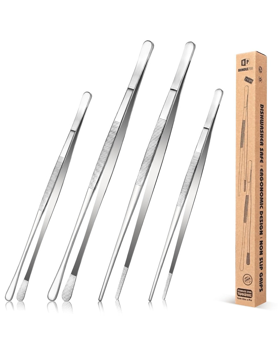Bundlepro 4pc fine long tweezers in use for precise plating and easy handling