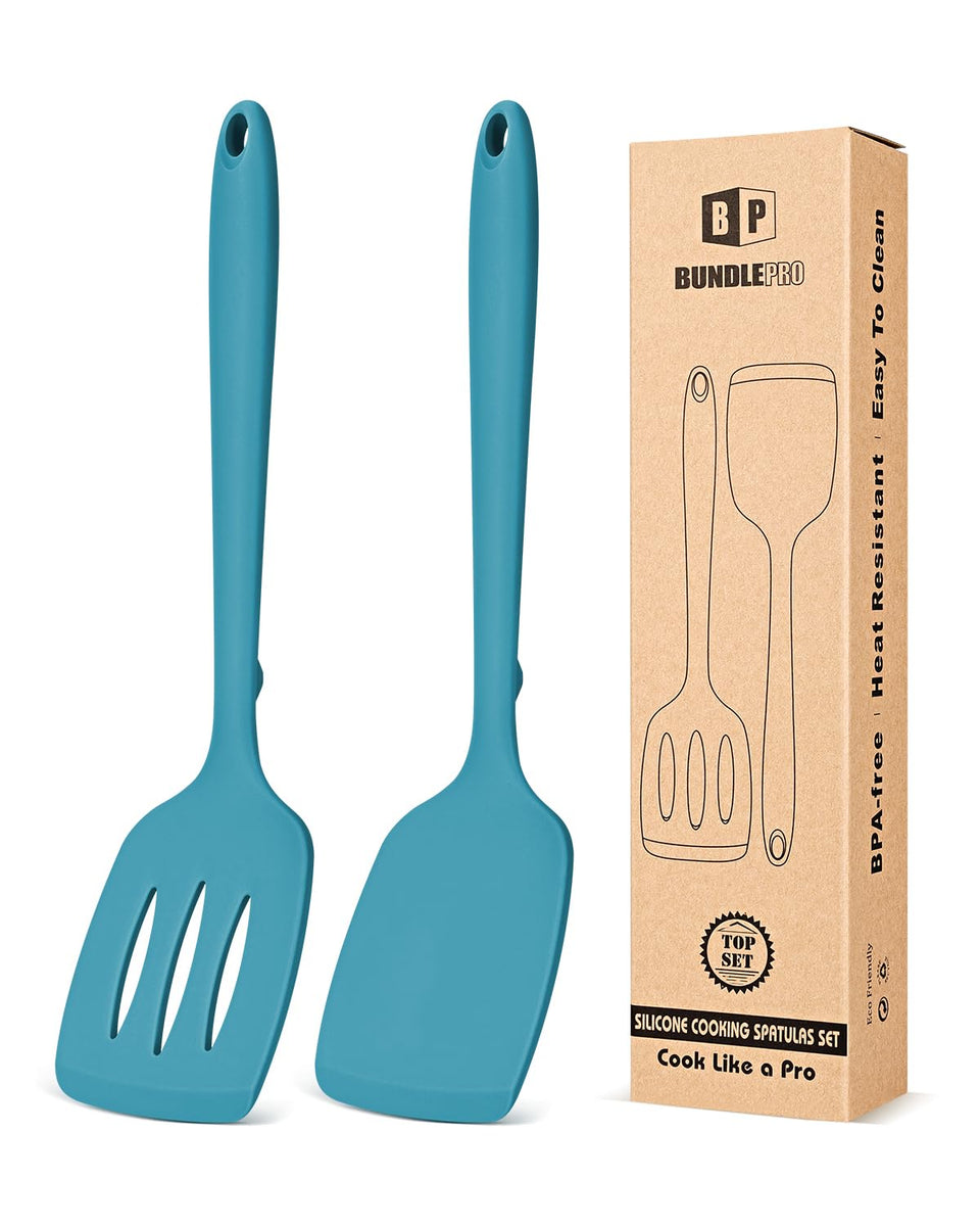 Bundlepro blue silicone spatula turner with solid head for safe non-stick flipping