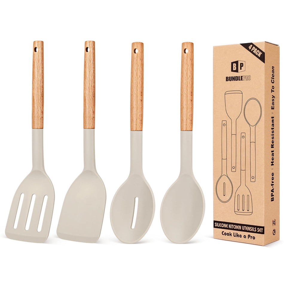 Bundlepro four-piece silicone utensil set with khaki spatulas, safe for nonstick pans.